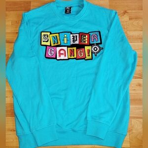 Sniper Gang Turquoise Crewneck Sweater Spelled Out Logo, Extra Large